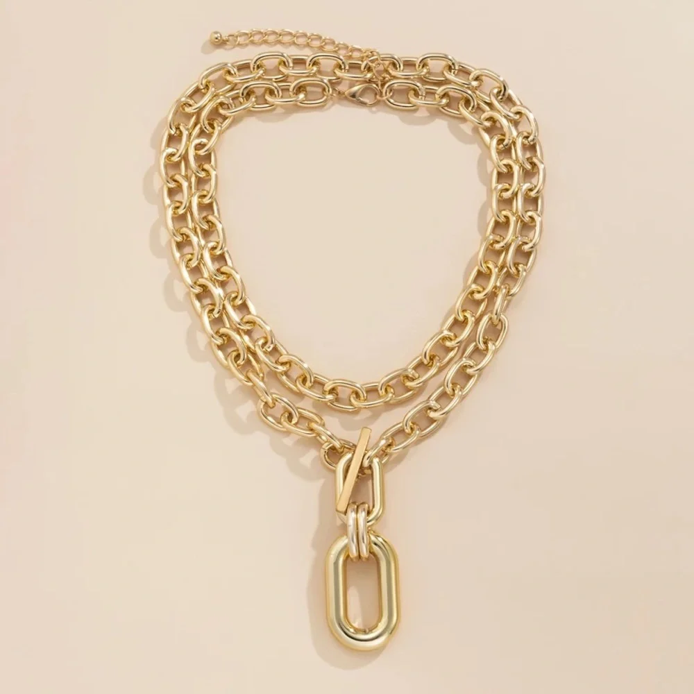 2pcs Zara Set Gold Double Interlock Oval Circle Link Chain Necklace